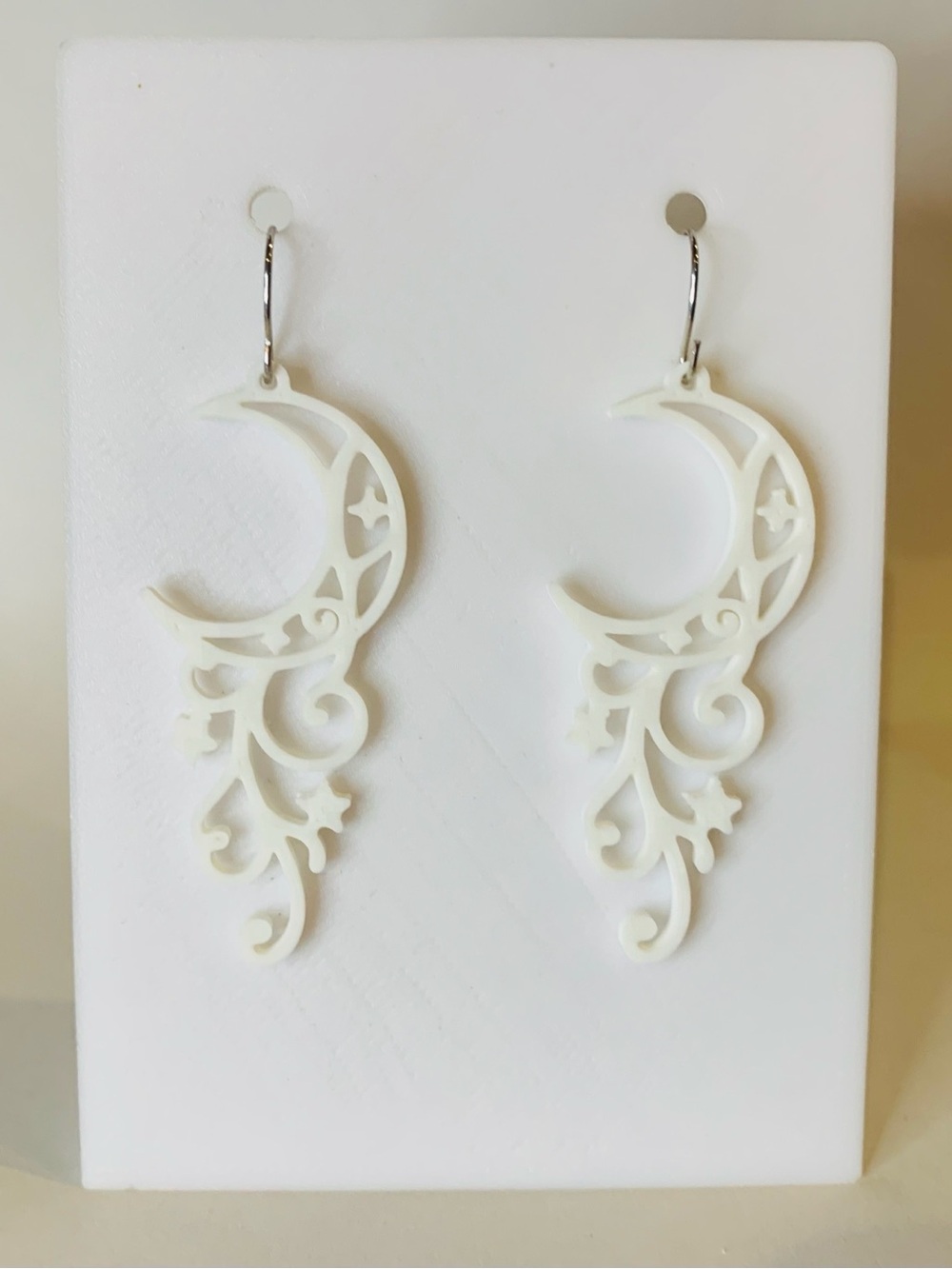 White Crescent Moon Filigree Dangle Earrings